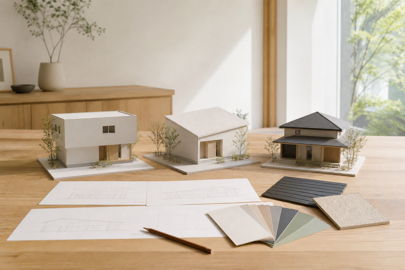 外観テイストの異なる3つの住宅模型と立面図・素材見本を並べた検討イメージ